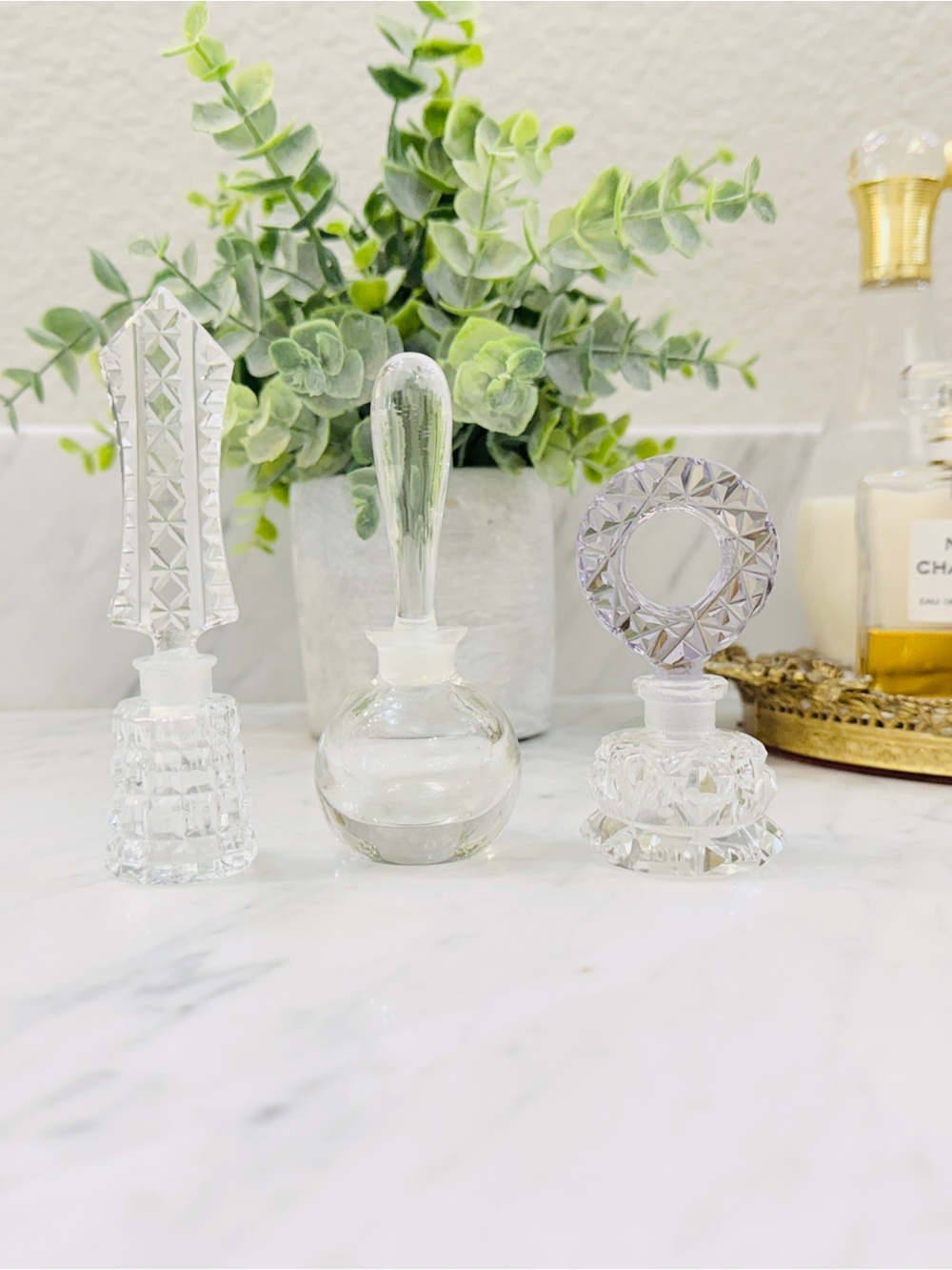 Set of 3 Art Deco Crystal Perfume Bottles from Czechoslovakia
